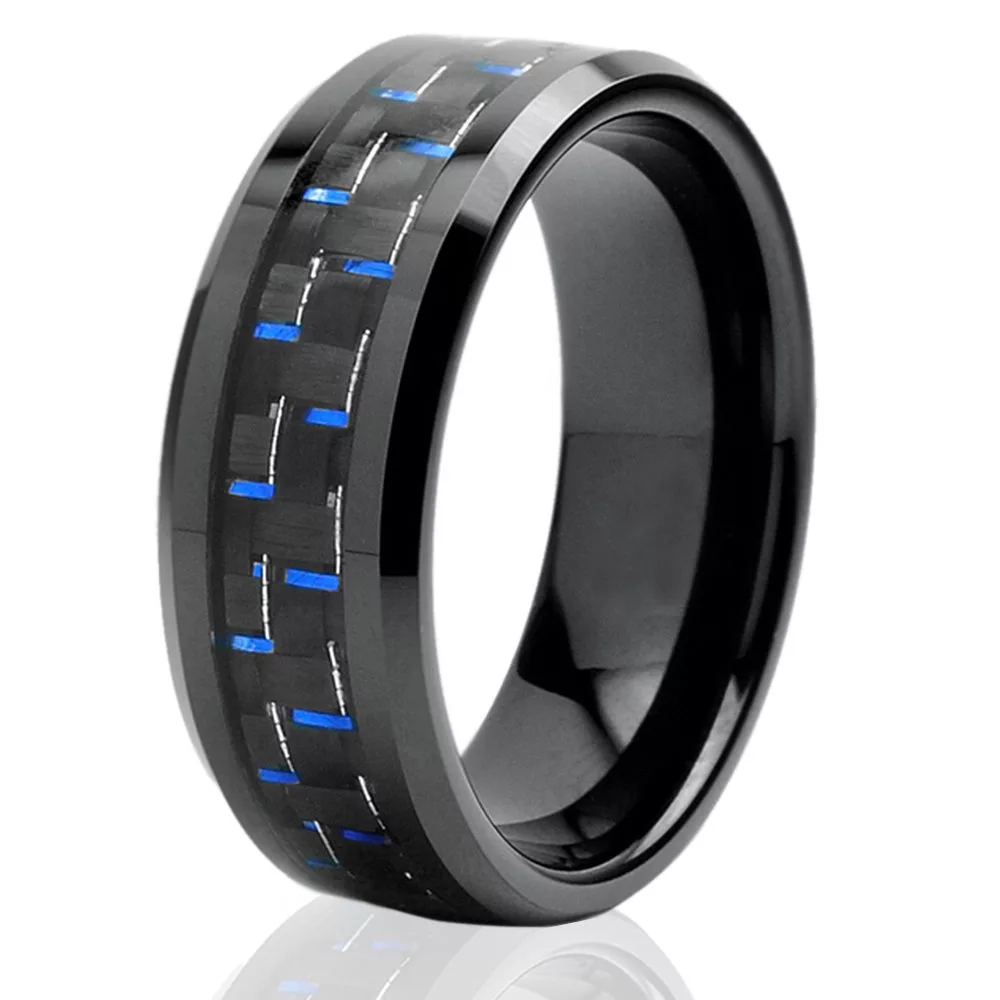 Tungsten-Carbide-Mens-Black-and-Blue-Carbon-Fiber-Inlay-Ring-8-mm-bfb-left