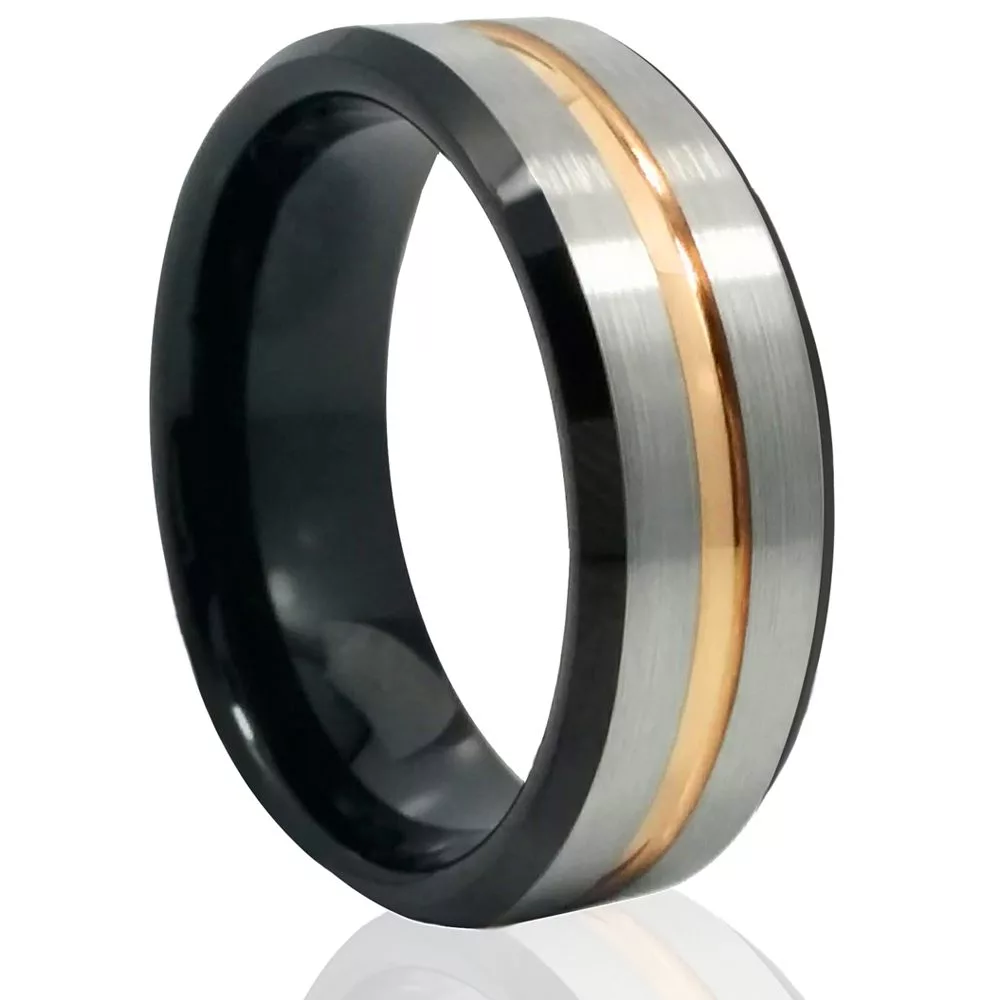 Tungsten-Ring-Black-Gold-Silver-stripe-line-groove-Mens-Wedding-8mm-Band-3-tone-sgb